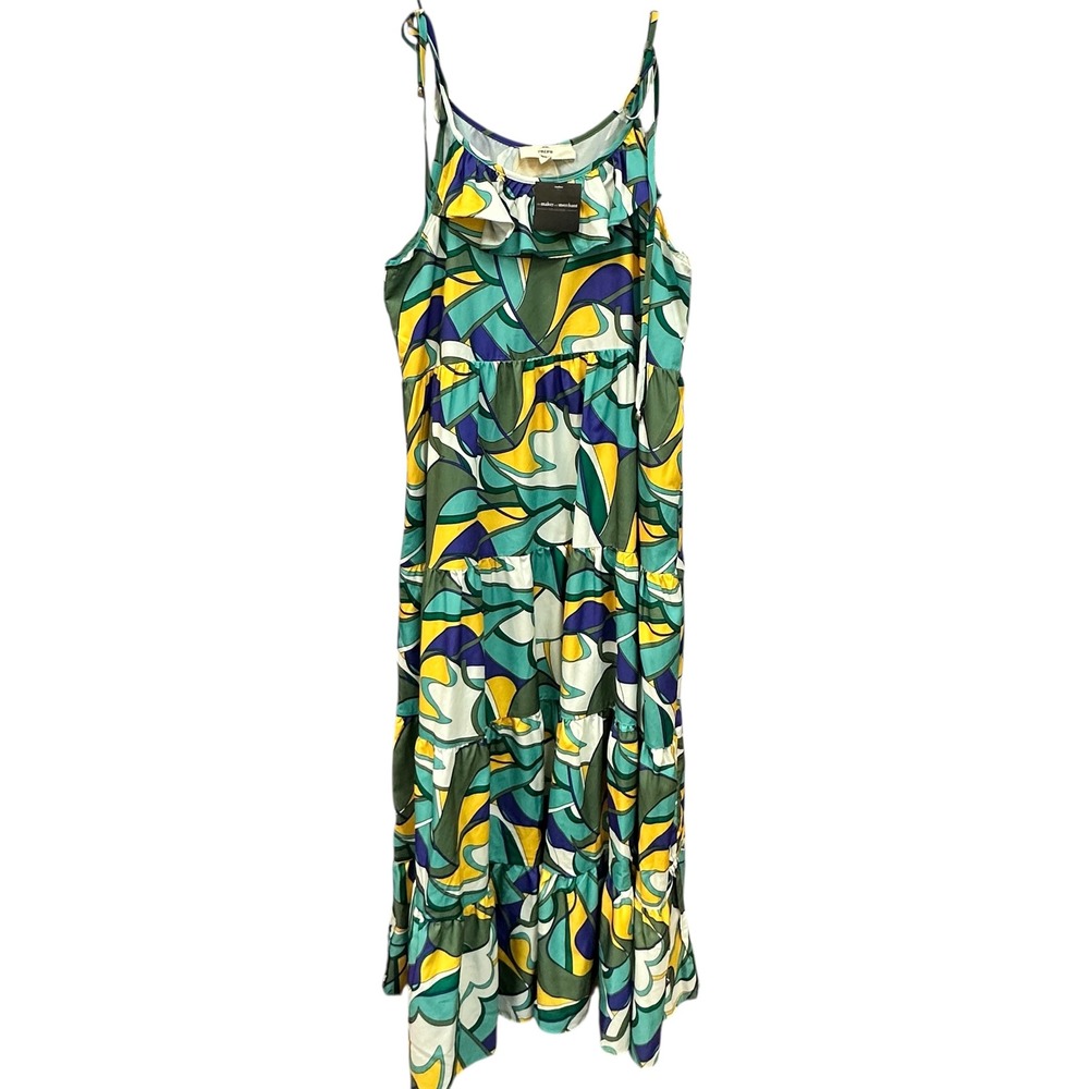 Entro Green Multi Printed Maxi Dress Sleeveless‎ Ruffle Tie Strap Boho M